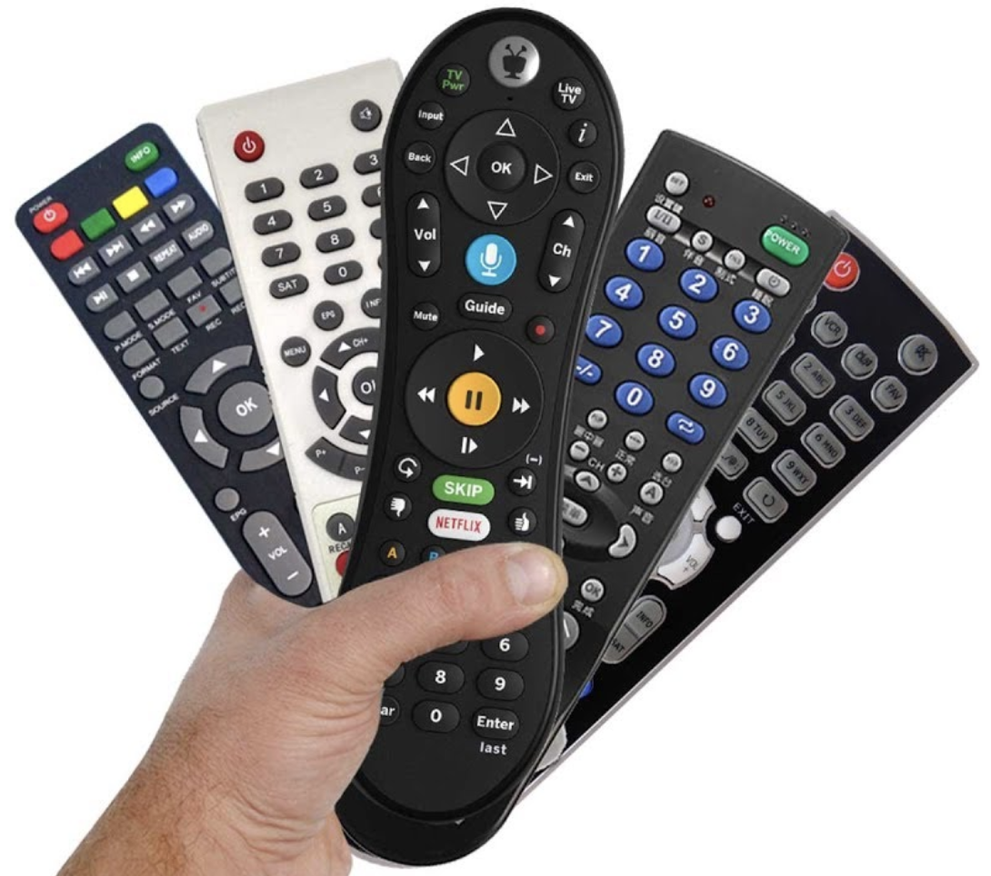 Lots of remotes; one for each component of a home theatre system