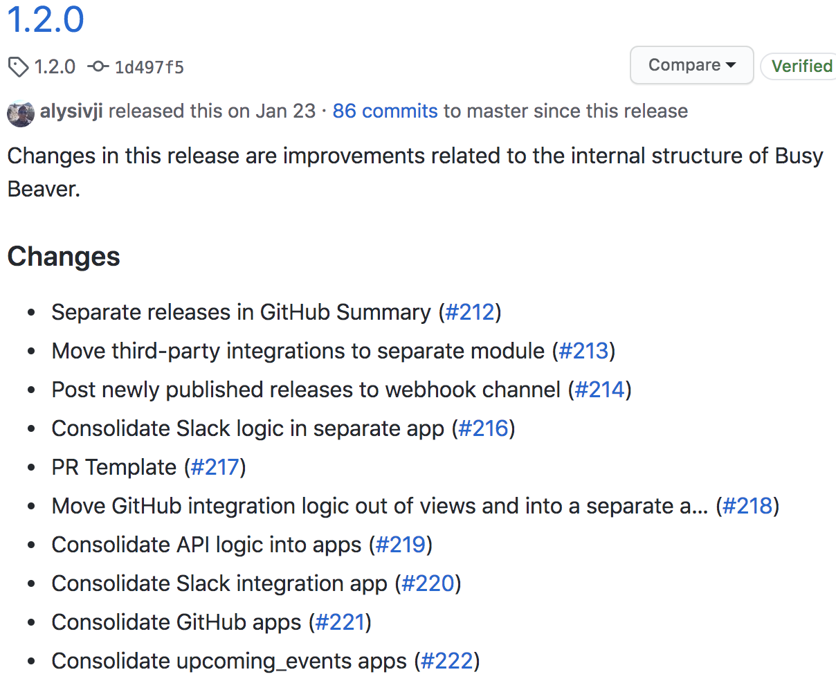 Example changelog; list of changes with links to the relevant GitHub Pull Request